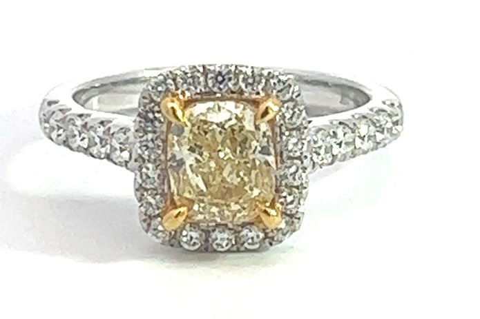 18TT 1.38ct Cushion Fancy Yellow Diamond Halo Engagement Ring sz 7
