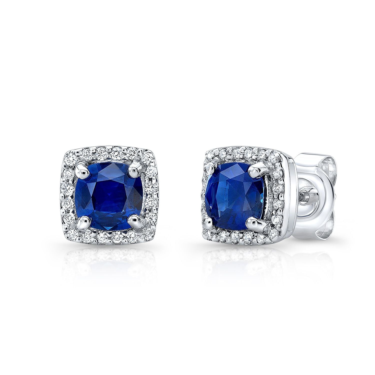 14W 5mm Round Sapphire and Cushion Diamond Halo Earrings