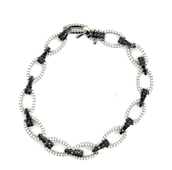 18W Oval White Diamond Link Bracelet with Black Diamond Accents