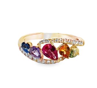 18KR Pear Shaped Rainbow Sapphire Diamond Ring sz 6
