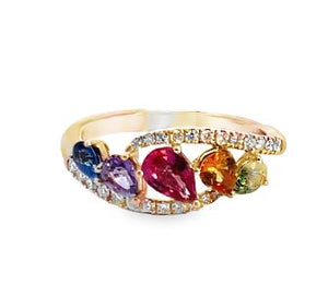 18KR Pear Shaped Rainbow Sapphire Diamond Ring sz 6