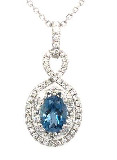 14W Oval Aqua and Double Diamond Halo Pendant with D/C Cable Chain 18"