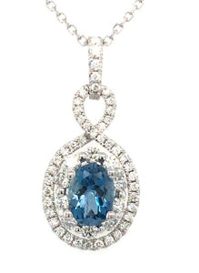 14W Oval Aqua and Double Diamond Halo Pendant with D/C Cable Chain 18"