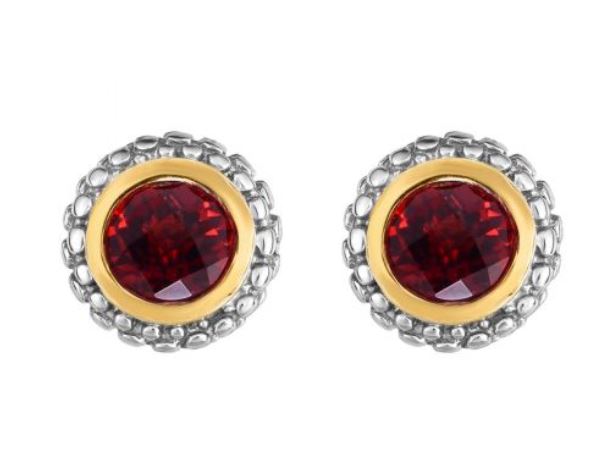 Sterling Silver 18K White and Yellow Round Garnet Post Earrings