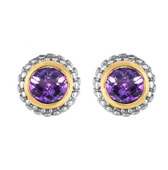 Sterling Silver 18K White and Yellow Round Amethyst Post Earrings