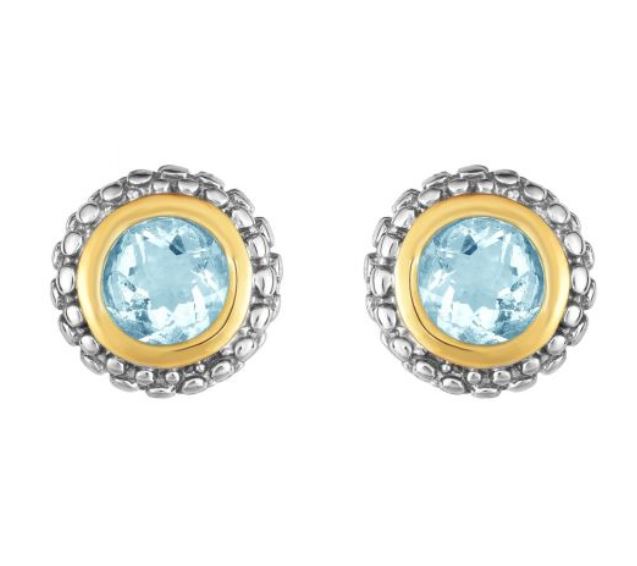 Sterling Silver 18K White and Yellow Round Aquamarine Post Earrings
