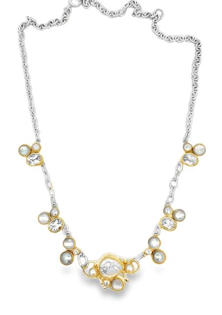 Sterling Silver 22KY Vermeil Pearl, White Quartz and White Topaz Necklace