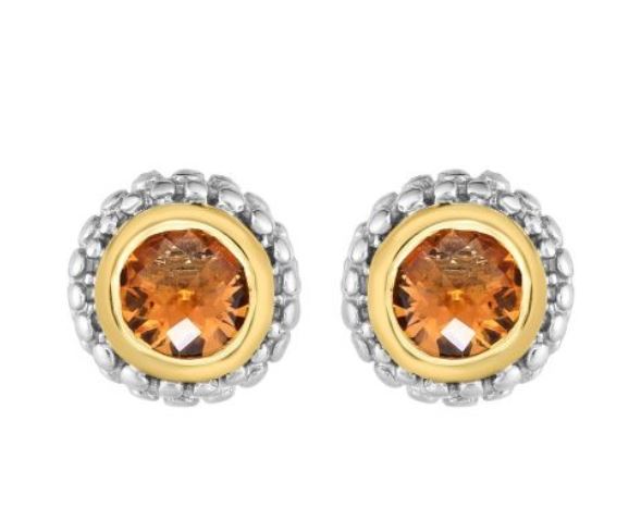 Sterling Silver 18K white and Yellow Round Citrine Post Earrings
