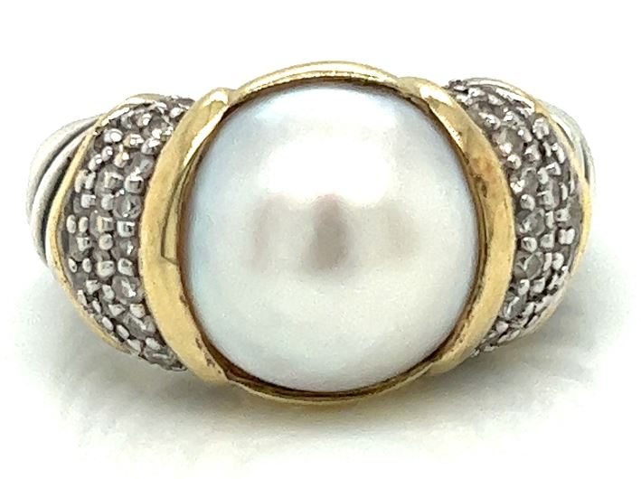Two-Tone David Yurman Cable Design Mabe Pearl Ring with Pave Diamond Side sz 8