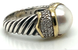 Two-Tone David Yurman Cable Design Mabe Pearl Ring with Pave Diamond Side sz 8
