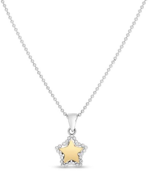 Sterling Silver 18K White and Gold Star Pendant On 18" Bead Chain with Lobster Clasp
