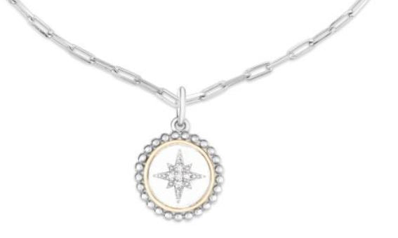 Sterling Silver 18K White and Yellow North Star Pendant on 18" Sterling Silver Paperclip Chain