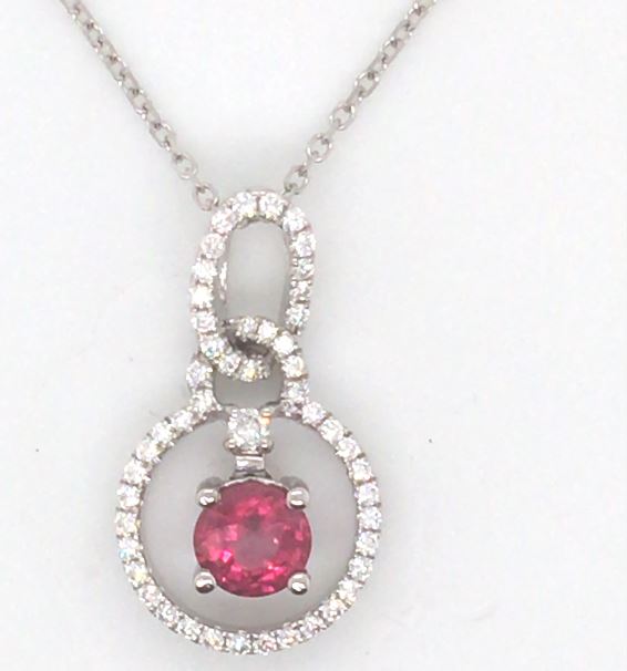 14W Round Ruby Dangle Pendant with Diamond Circle Accent