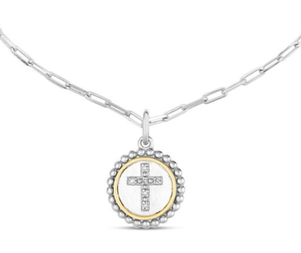 18Y and Sterling Silver Round Cross Pendant on&nbsp; Sterling Silver 20" Paperclip Chain