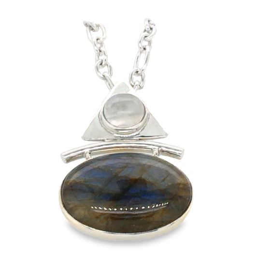 Sterling Silver East-West "Egyptian" Oval Labradorite and Round Moonstone Pendant on 18" Cable Chain with Lobster Clasp