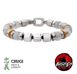 8.5" 8mm Mokume Gane and White Quartz Beads Bushido Virtue Bracelet