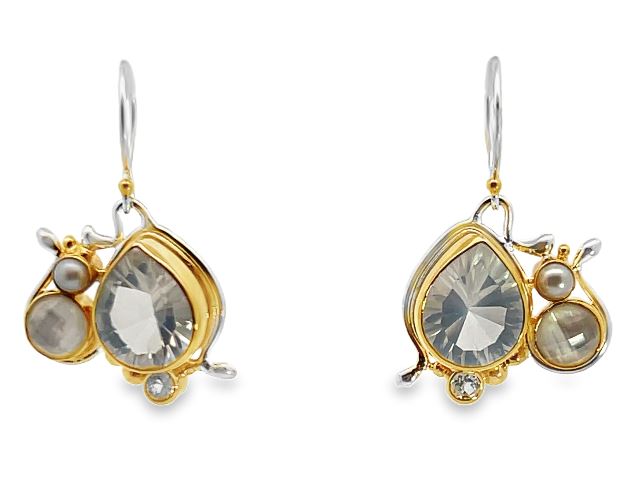 Sterling Silver 22KY Vermeil Pearl, White Quartz and White Topaz Earrings