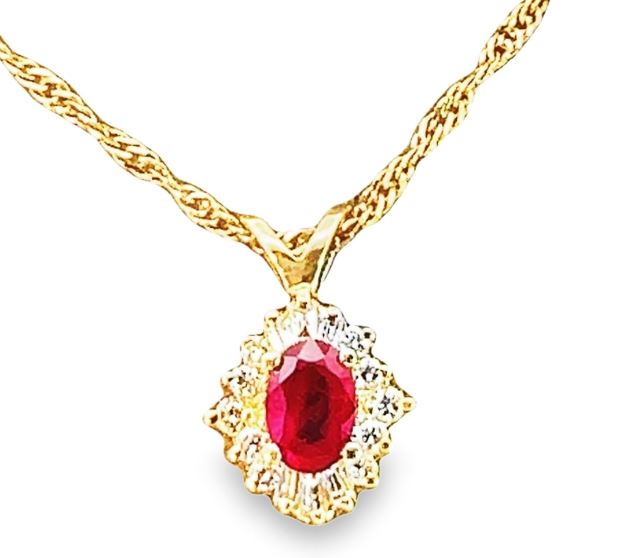 14Y Oval Ruby and Round/Baguette Diamond Pendant