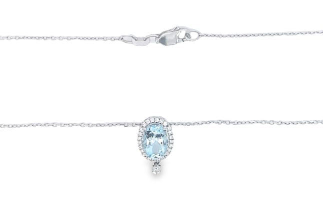 14W Oval Aqua and Diamond Halo Pend with Cable Chain 18'