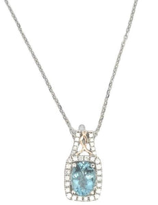 14TT Oval Aqua with Cushion Diamond Halo with D/C Cable Chain 18"
