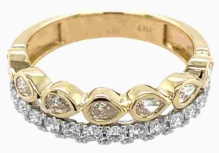 14TT Diamond Pear Bezel & Round Pave 2 Row Ring sz 6.5