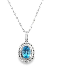 14W Oval Blue Topaz Pendant with Diamond Frame and Bead Border