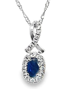 14W Oval Blue Sapphire and Diamond Halo Pendant with Twist Bail