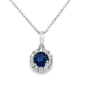 14W Round Blue Sapphire and Diamond Halo Pendant