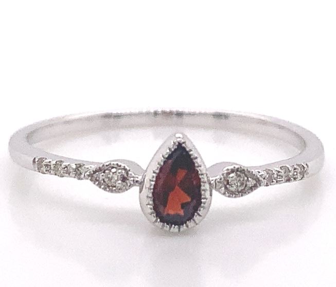 14W Pear Shaped Garnet and Diamond Dainty Stacking Ring sz 7
