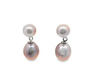 14W Double Grey Pearl Drop Earrings with Friction Posts and Backs