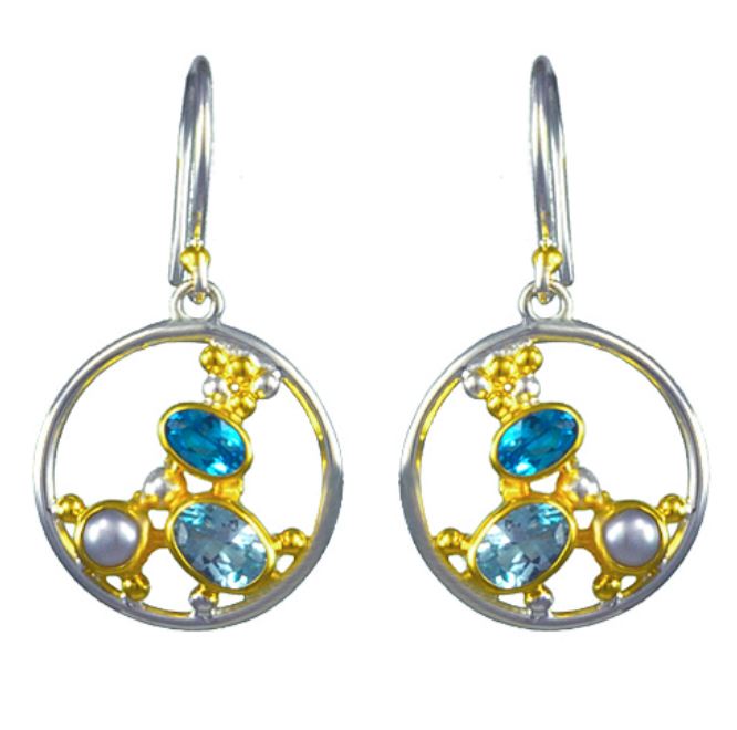 Michou SS/22KY Vermeil Pearl and Blue Topaz Circle Dangle Earrings