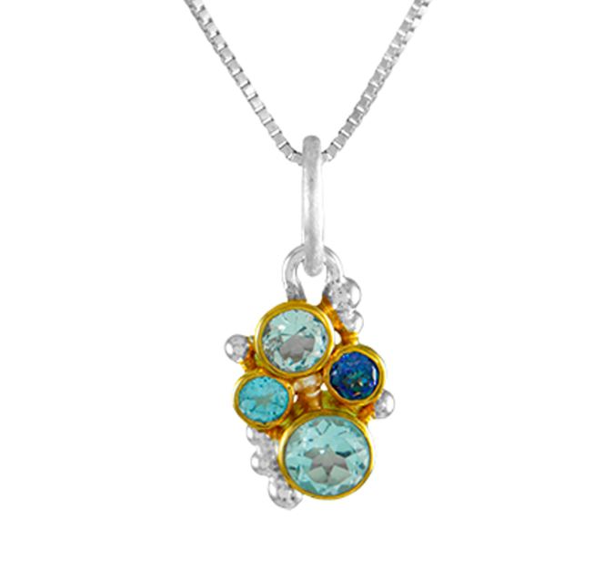 Michou SS/22KY Vermeil Tri-Blue Topaz Pendant on Box Chain 18"