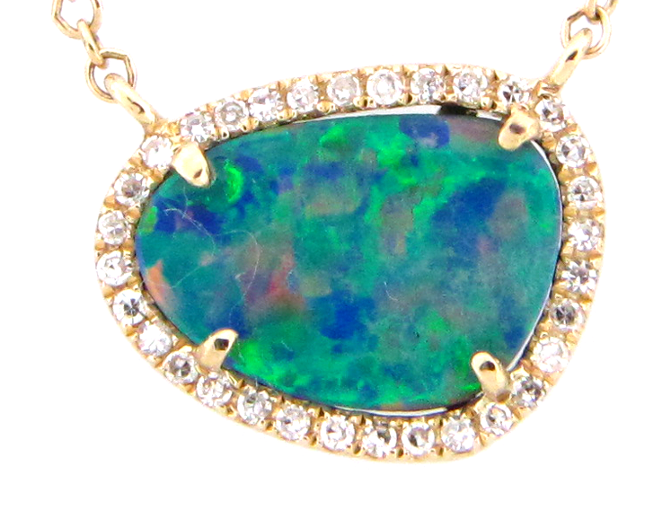 14Y Black Opal Doublet and Diamond Halo Necklace