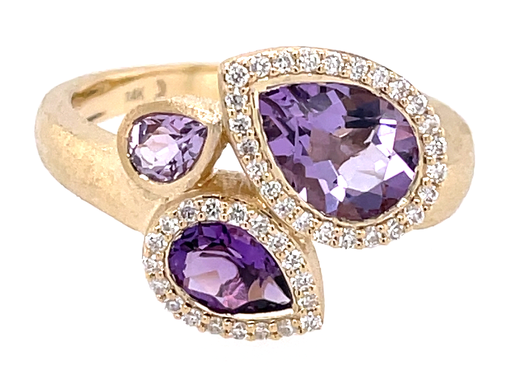 Dilamani 14Y 3 Stone P/S Amethyst and Diamond Satin Finish Ring, 1.57ctw