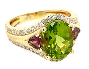 Dilamani 14Y 3.20ct Peridot, 0.33ctw Pink Tourmaline, and 0.35ctw Diam Ring with Satin Finish