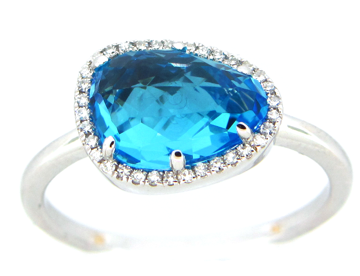 Dilamani 14W 2.69ct Blue Topaz Bean Shape and 0.08ctw Diamond Halo Ring