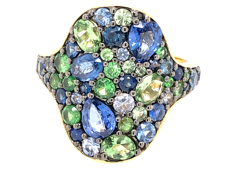 Dilamani 14Y and Black Rhodium Sapphire and Tsavorite Garnet Mosaic Ring