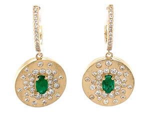 14Y Satin Disc Dangle Earrings with Flush Set Emerald and Diamonds