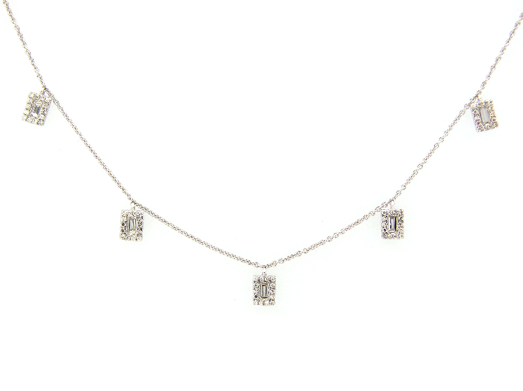 14W Rectangular Halo Diamond Dangle Station Necklace 16-18"