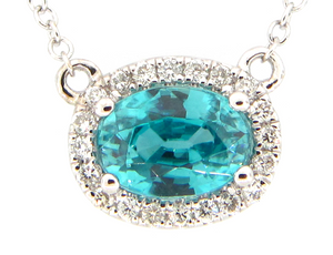 Dilamani 14W E/W Blue Zircon and Diamond Halo Necklace on Cable 16-17"