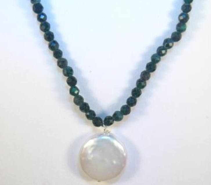 Meico Inc - SS Faceted Malachite Bead Necklace W/FW Pearl 15"