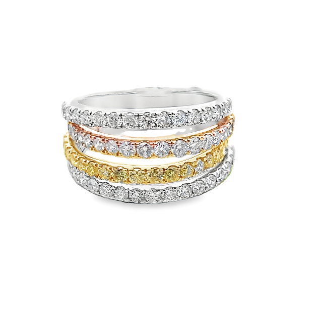 Color Jewels 18K Tri-Tone RBC White Yellow and Pink Diamond 4 Rung Ring Size 7