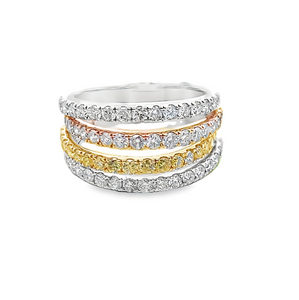 Color Jewels 18K Tri-Tone RBC White Yellow and Pink Diamond 4 Rung Ring Size 7