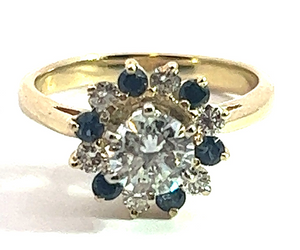 18Y .72ct G/I1 Round Diamond in Diamond/Sapphire Star Halo Ring
