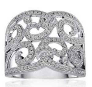 14W Wide Milgrain Open Swirl Filigree Beadset Diamond Ring  164D=.61ctw
