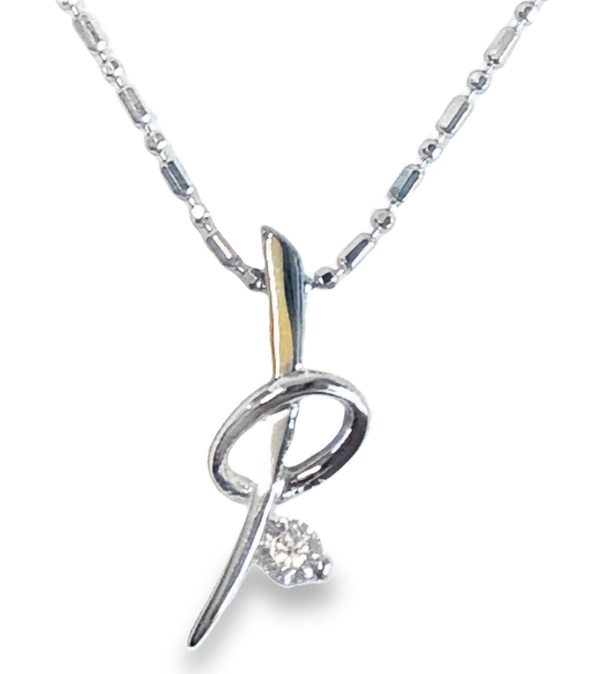 14W Abstract Line and Circle with Diamond Pendant and Beaded Chain