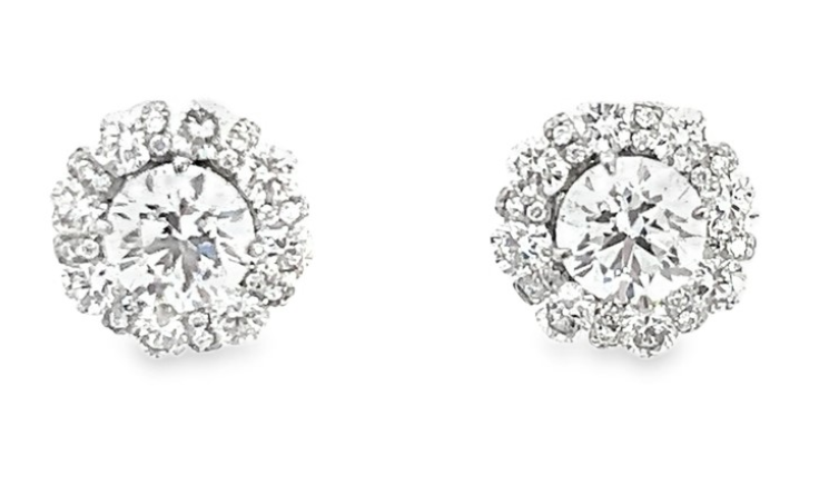 18W Rd 1.39ct LG Diamond Halo & 1.00ct Natural Diamond Earrings