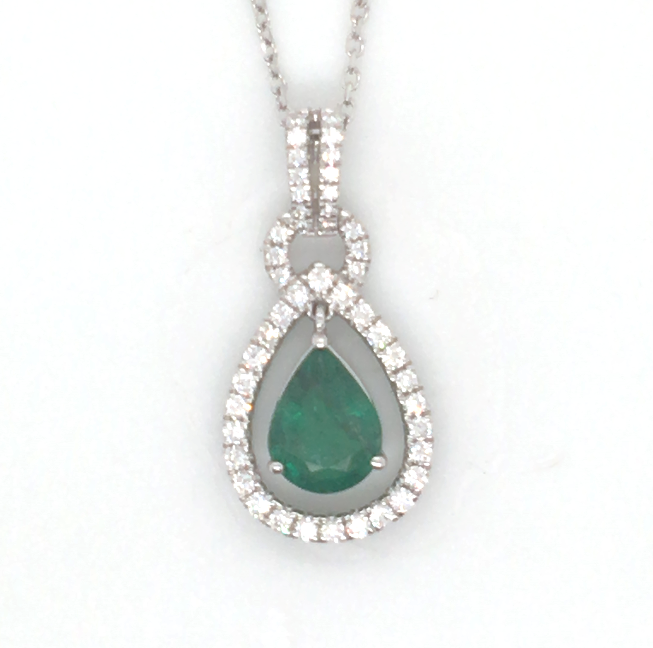 14W P/S Emerald and Rd Diamond Halo Pendant/Pendant Only  E=1.05cts D=.31ct