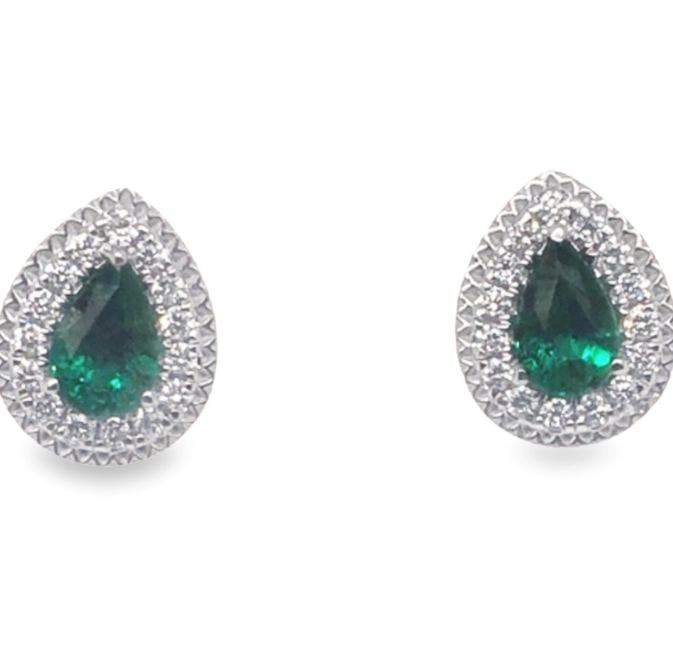 14W P/S Emerald Earrings with Diamond Halo and Twisted Rim  E=.68ctw D=.23ctw