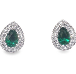 14W P/S Emerald Earrings with Diamond Halo and Twisted Rim  E=.68ctw D=.23ctw